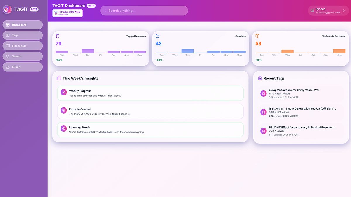 TAGiT dashboard interface - Organized collection of bookmarked video moments with tags, summaries, and learning tools